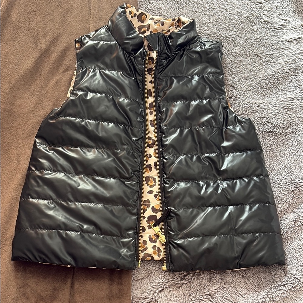 J.Crew Crewcuts reversible Black Puffer Vest with Leopard Lining